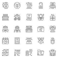 Valentine's Day Icons: teddy bear. letter. ring with a diamond. heart. rose. cupcake. strawberry in chocolate and gift. Vector illustration.