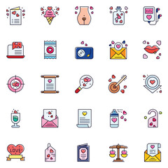 Valentine's Day Icons: teddy bear. letter. ring with a diamond. heart. rose. cupcake. strawberry in chocolate and gift. Vector illustration.