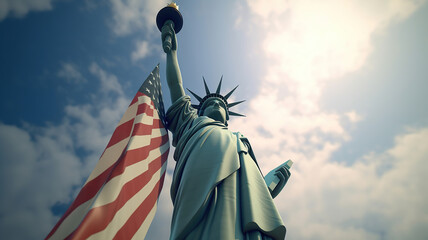 Statue of Liberty on the background of flag usa. Generative Ai