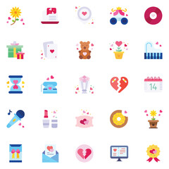 Valentine's Day Icons: teddy bear. letter. ring with a diamond. sweetmeats. heart. rose. cupcake. strawberry in chocolate and gift. Vector illustration.