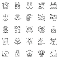 Valentine's Day Icons: teddy bear. letter. ring with a diamond. sweetmeats. heart. rose. cupcake. strawberry in chocolate and gift. Vector illustration.