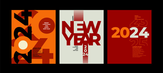 2024 Colorful set of Happy New Year posters. Abstract design with typography style. Vector logo 2024 for celebration and season decoration, backgrounds for branding, banner, cover, card and more.