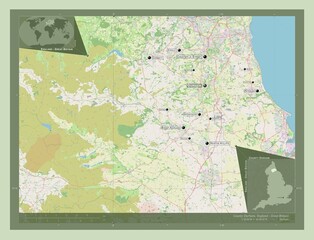 County Durham, England - Great Britain. OSM. Labelled points of cities