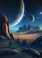 a landscape with rocks and planets in the background, space landscape 