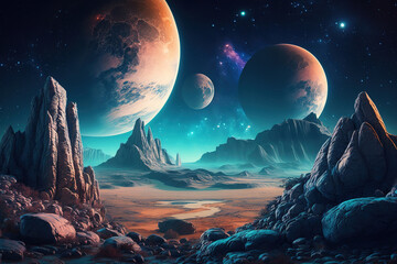 Obraz na płótnie Canvas a landscape with rocks and planets in the background, space landscape 