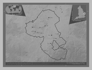 East Cambridgeshire, England - Great Britain. Grayscale. Labelled points of cities