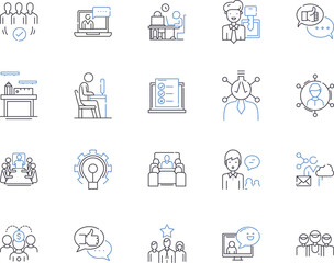 Fototapeta na wymiar Employee development outline icons collection. Employee, Development, Training, Coaching, Learning, Management, Growth vector and illustration concept set. Motivation, Performance, Skills linear signs