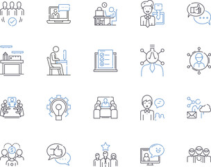 Employee development outline icons collection. Employee, Development, Training, Coaching, Learning, Management, Growth vector and illustration concept set. Motivation, Performance, Skills linear signs