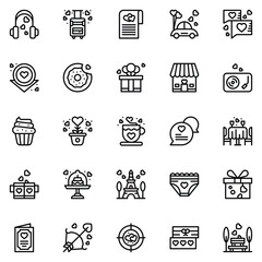 Valentine's Day Icons: teddy bear. letter. ring with a diamond. sweetmeats. heart. rose. cupcake. strawberry in chocolate and gift. Vector illustration.