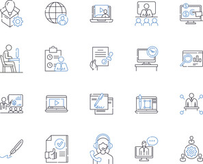 Management and workflow outline icons collection. Workflow, Management, Planning, Organization, Process, Strategies, Efficiency vector and illustration concept set. Coordination, Automation