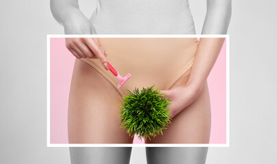 Women Health. A slender woman in white underwear with a green flower. rejuvenation in a beauty...