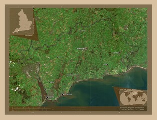 East Devon, England - Great Britain. Low-res satellite. Labelled points of cities