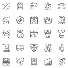 Valentine's Day Icons: teddy bear. letter. ring with a diamond. heart. rose. cupcake. strawberry in chocolate and gift. Vector illustration.