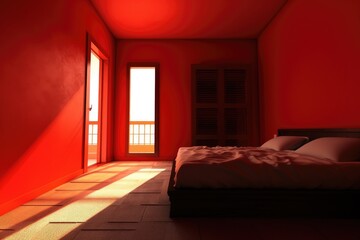 The beautiful, warm interior of a modern bedroom against a backdrop of red walls. Generative AI