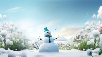 Obraz premium Panoramic view of happy snowman in winter scenery. Generative Ai
