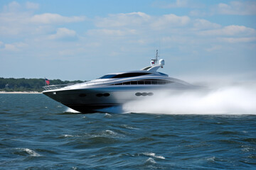 Fototapeta premium Sports boat or yacht going at high speed with rooster tail wake forming behind. Fresh spray and waves. High quality generative ai