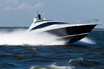 Fototapeta premium Sports boat or yacht going at high speed with rooster tail wake forming behind. Fresh spray and waves. High quality generative ai