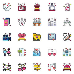 Valentine's Day Icons: teddy bear. letter. ring with a diamond. sweetmeats. heart. rose. cupcake. strawberry in chocolate and gift. Vector illustration.