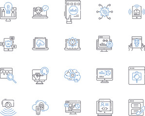 Device technology outline icons collection. Device, Technology, Gadgets, Electronics, Computers, Networking, Cell vector and illustration concept set. Cellular, Mobile, Telecommunication linear signs
