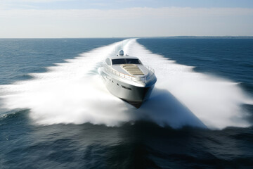 Fototapeta premium Sports boat or yacht going at high speed with rooster tail wake forming behind. Fresh spray and waves. High quality generative ai