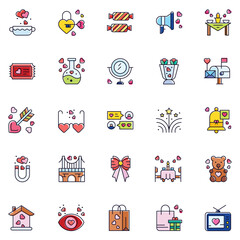 Valentine's Day Icons: teddy bear. letter. ring with a diamond. heart. rose. cupcake. strawberry in chocolate and gift. Vector illustration.