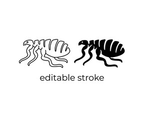Flea, microscopic parasites, animal, microorganism, editable stroke, silhouette and linear design. Mite, bug, microbiology, ectoparasite, vermin and insects, vector design and illustration