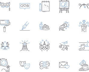 Hobbies and art outline icons collection. Painting, Crafting, Gardening, Photography, Drawing, Astronomy, Knitting vector and illustration concept set. Woodworking, Calligraphy, Writing linear signs