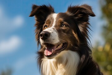 An image shows a happy brown border collie dog taking in the summertime against a sky backdrop. Generative AI