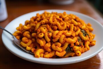 Basil, tomato, chile, and other spices are stir-fried with macaroni in a white dish. Generative AI