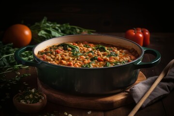 vegetarian lentil stew with tomatoes and spinach in a rustic pot