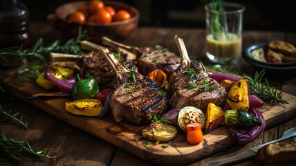Fototapeta na wymiar Delicious grilled marinated lamb chops and roasted vegetables from a summer BBQ on a wooden. Generative Ai