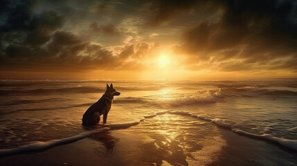 Dog on the beach during sunset