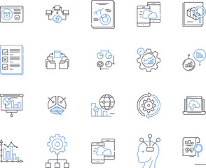 Data and devices outline icons collection. data, devices, computer, laptop, tablet, smartphone, server vector and illustration concept set. cloud, network, internet linear signs