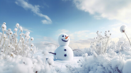 Obraz premium Panoramic view of happy snowman in winter scenery. Generative Ai