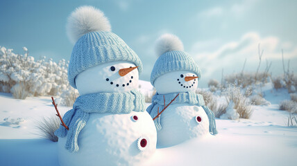Obraz premium snowman in knitted caps and scarfs on snow in the winter. Generative Ai