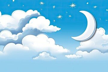 Obraz na płótnie Canvas serene blue sky with fluffy white clouds and a crescent moon. Generative AI