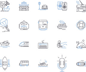 Travel and holidays outline icons collection. Holiday, Travel, Vacation, Trip, Sightseeing, Tour, Explore vector and illustration concept set. Adventure, Relax, Getaway linear signs