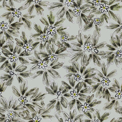 Seamless pattern with primroses anemone. Spring forest flowers and leaves on a green background. Watercolor in asian style
