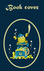 A cute crab with a pirate hat and a sword is sitting on a treasure chest. Cartoon vector illustration on dark blue background for book cover, cards, poster.