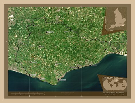 East Sussex, England - Great Britain. Low-res satellite. Labelled points of cities