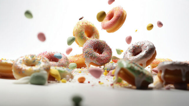 flying doughnuts scene mix of multicolored sweet donuts with sprinkel on white background. Generative Ai