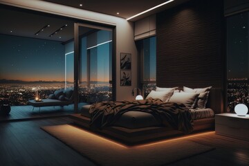 Luxurious penthouse bedroom at night. Generative Ai - obrazy, fototapety, plakaty