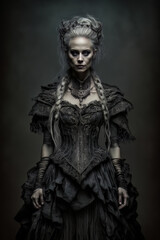 Fototapeta na wymiar Illustration of woman with gothic victorian dress. Generative Ai