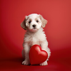 A cute puppy with a heart-shaped pillow. Generative Ai
