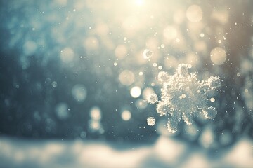 SNOWY STILL LIEFE AT FROSTY WEATHER TIME, MAGICAL WINTER BACKGROUND WITH SNOW, SNOW FLAKES, AND SOFT BOKEH LIGHTS ON BLUE SKY, COLD BACKDROP FOR CHRISTMAS. Generative AI