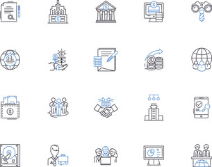 Bank outline icons collection. Loan, Savings, Mortgage, Investment, ATM, Credit, Banking vector and illustration concept set. Interest, Account, Debit linear signs