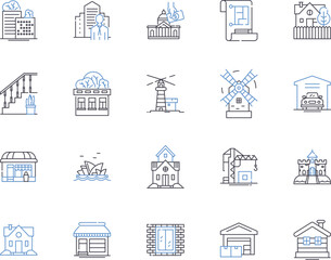 Realty and building outline icons collection. Realty, Building, Estate, Property, Land, Investment, Construction vector and illustration concept set. House, Home, Mortgage linear signs