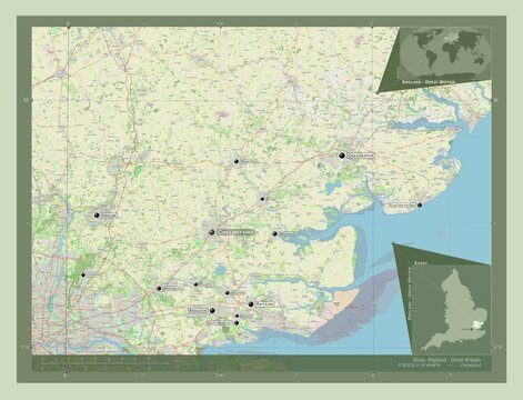 Essex, England - Great Britain. OSM. Labelled points of cities