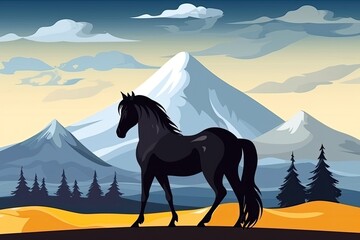 majestic black horse standing in a scenic mountain field. Generative AI