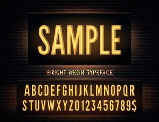 Orange neon box typeface and vector Sample night light sign on brick background